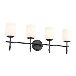 Ali 32.5 in. 4-Light Black Traditional Bathroom Vanity Light with Satin Etched Case Opal Glass Shades