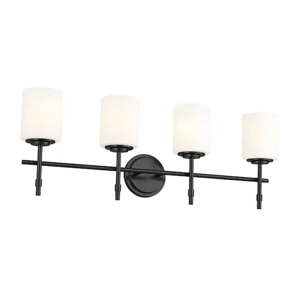 KICHLER Ali 32.5 in. 4-Light Black Traditional Bathroom Vanity Light with Satin Etched Case Opal Glass Shades