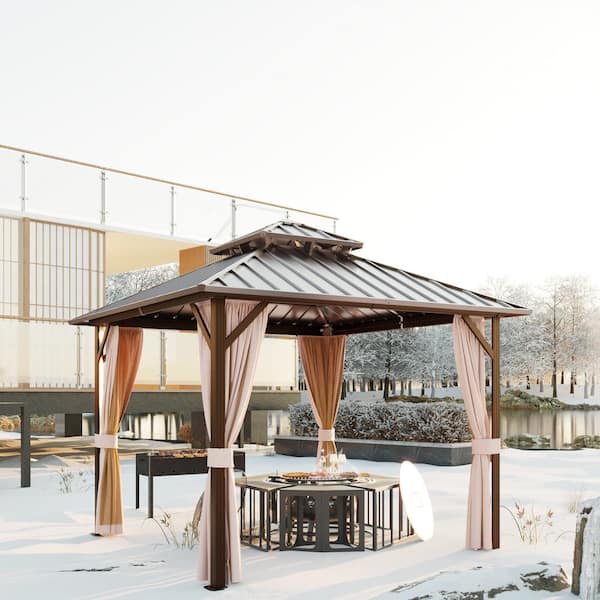 10 ft. x 10 ft. Aluminum Outdoor Gazebo with Double Galvanized Steel Roof, Ceiling Hook, Mosquito Netting and Curtains