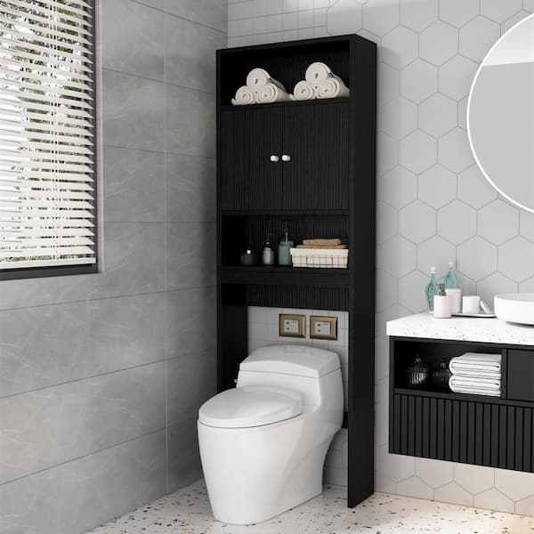 FAMYYT 24.8 in. W x 77 in. H x 7.9 in. D Black Over The Toilet Storage with Doors