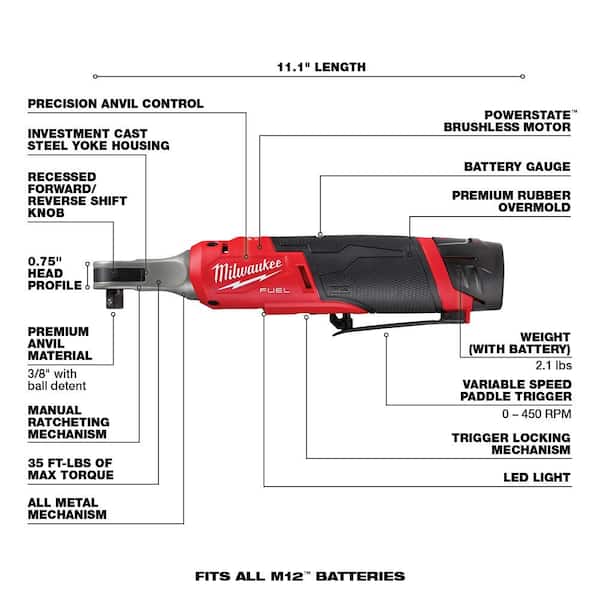 Milwaukee - M12 FUEL 12V Lithium-Ion Brushless Cordless High Speed 3/8 in. Ratchet Kit with One Battery, Charger and Bag