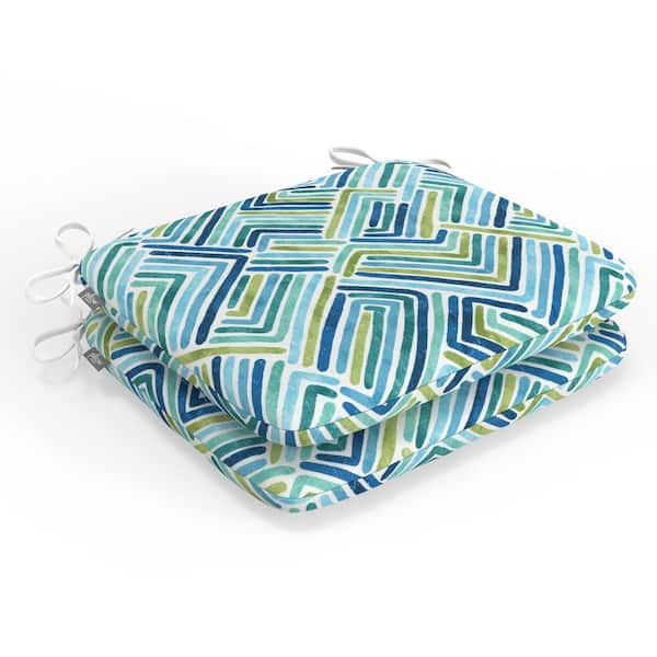 Pillow Perfect Geometric 18.5 in W x 3 in H Square Outdoor Chair Pad Cushion with Ties 2-Count in Estie Ocean