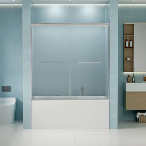 56 in. - 60 in.  W x 58 in.  H Double Sliding Semi-Frameless Tub Door in Brushed Nickel with 1/4 in.Tempered Clear Glass