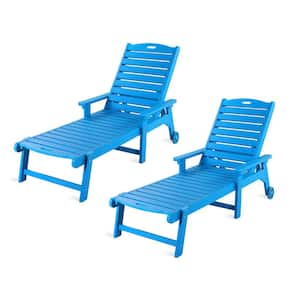 Helen Blue Recycled Plastic Plywood Outdoor Reclining Chaise Lounge Chairs with Wheels for Poolside Patio (Set of 2)