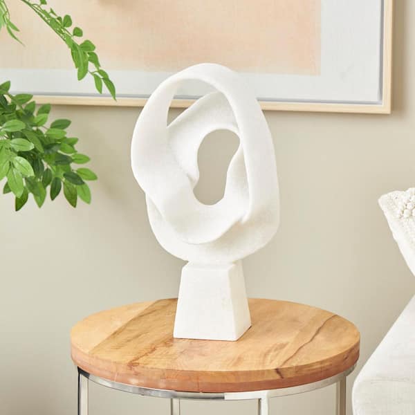 Litton Lane White Poly Stone Textured Wave Abstract Sculpture with Elevated Base