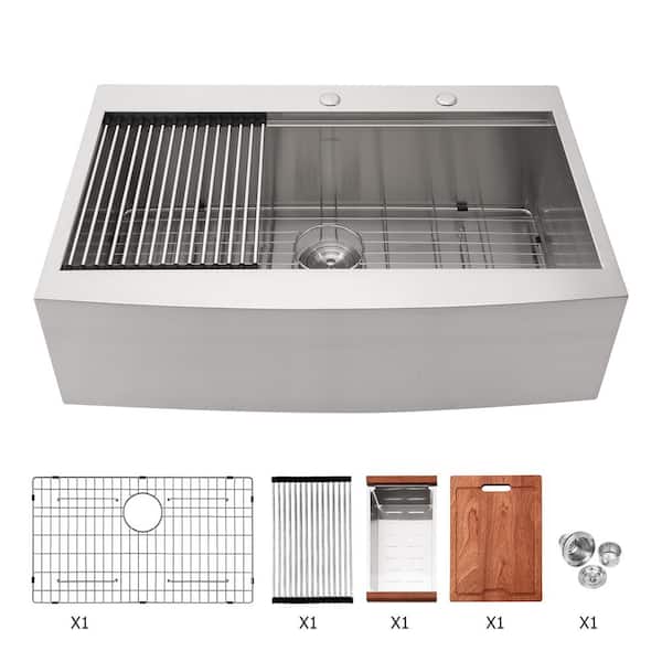 Logmey 16-Gauge Stainless Steel 33 in. Single Bowl Farmhouse Apron Drop-In Workstation Kitchen Sink with Bottom Grid