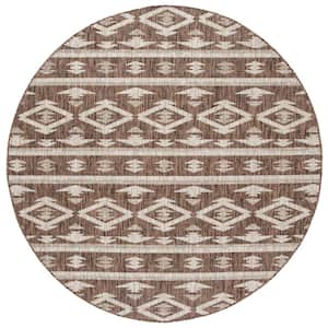 Courtyard Brown/Ivory 7 ft. x 7 ft. Round Geometric Indoor/Outdoor Patio  Area Rug