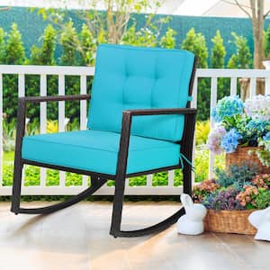 Black Wicker Rattan Outdoor Rocking Chair with Turquoise Cushions