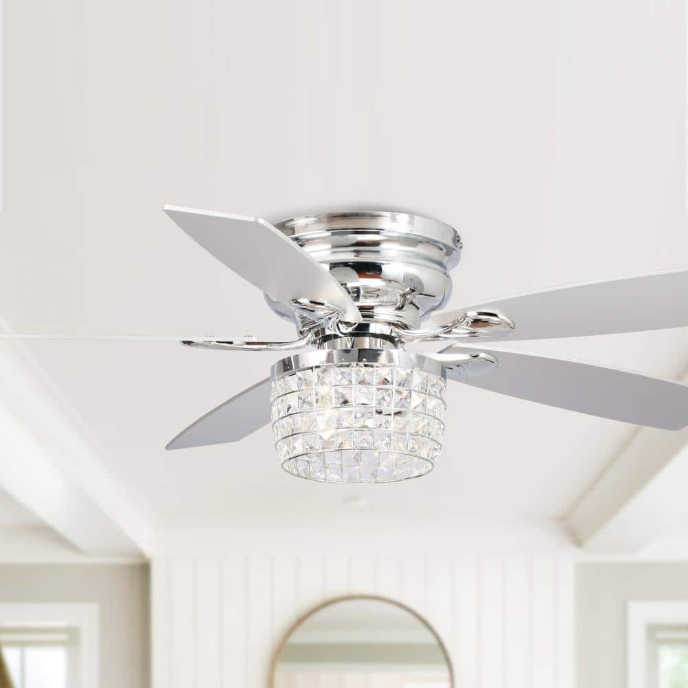 52 in. Modern Chrome Flush Mount Crystal Ceiling Fan with Light Kit and Remote Control price history on PriceWatchPro