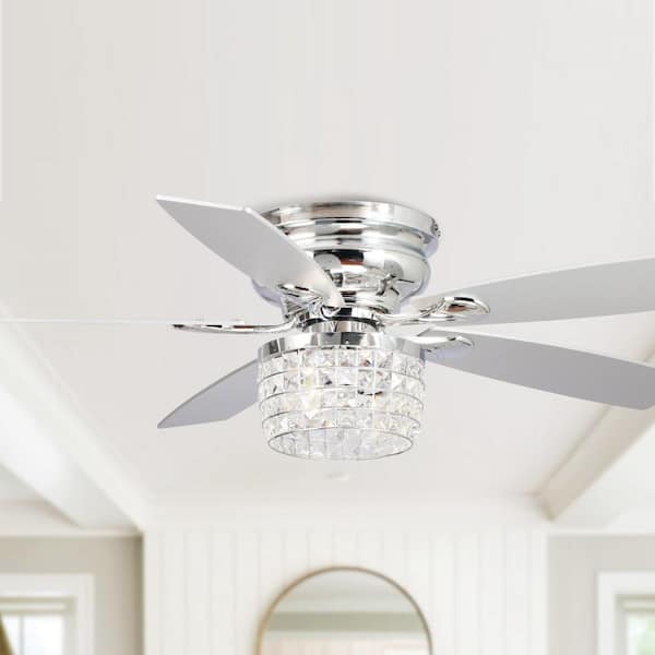 Parrot Uncle 52 in. Modern Chrome Flush Mount Crystal Ceiling Fan with Light Kit and Remote Control