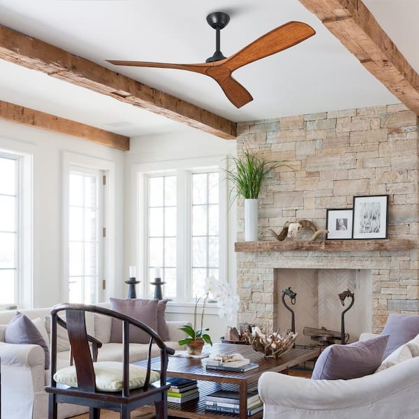 52 in. Indoor/Outdoor Matte Black Ceiling Fan with 3-Walnut Blades, 6-Speed DC Motor and Remote Control