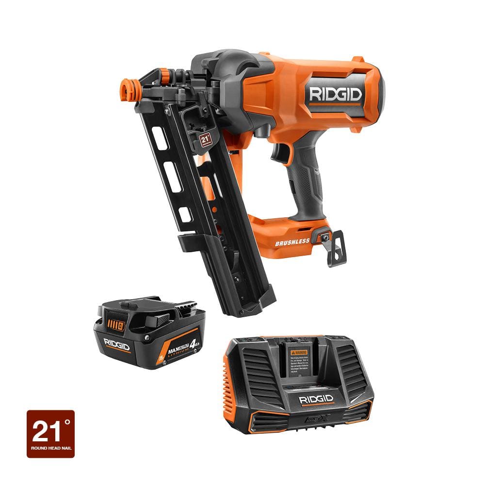 RIDGID 18V Brushless Cordless 21° 3-1/2 in. Framing Nailer Kit with 4.0 Ah MAX Output Lithium-Ion Battery and Charger -  R09894-R9540