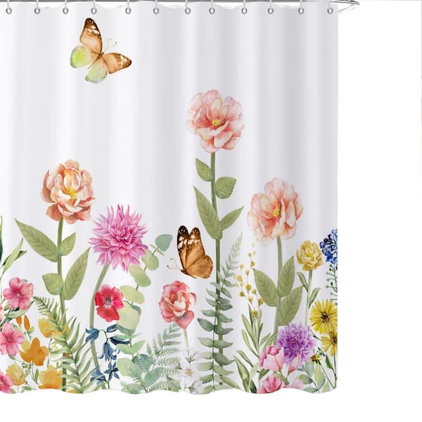 Unbranded Spring Floral Shower Curtain 72 x 72 Colorful Watercolor Wildflowers Butterflies Botanical Waterproof Fabric with Hooks