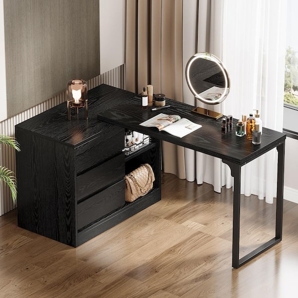 BYBLIGHT Helotes Black Makeup Vanity Table Corner Dressing Table with 3-Drawers and 2-Shelves for Bedroom (Without Mirror)