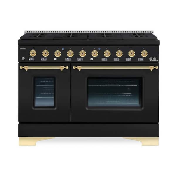 Hallman CLASSICO 48" TTL 6.7 CuFt 8 Burner Freestanding Dual Fuel Range Gas Stove & Electric Oven Matte Graphite with Brass Trim