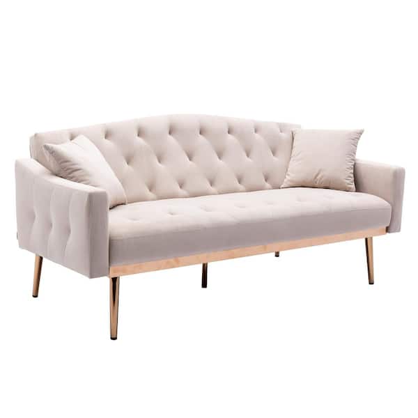 65 in. Beige Velvet 2-Seater Loveseat with 2-Pillows and Adjustable ...