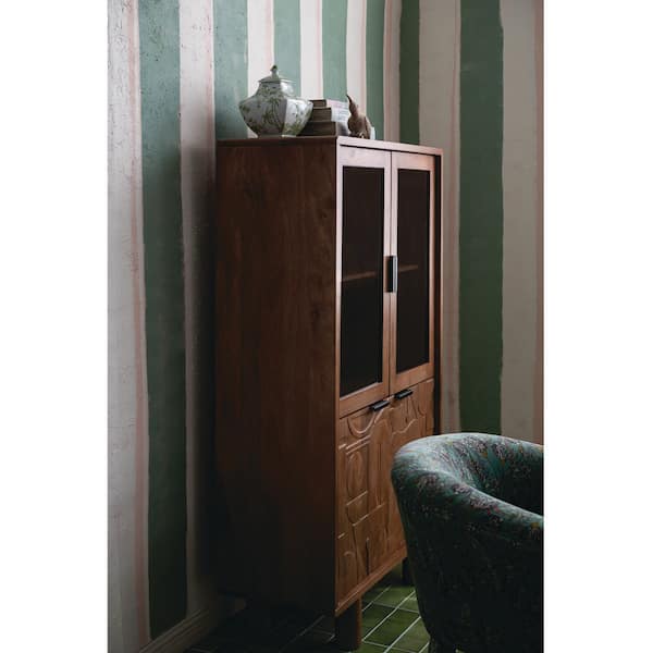 Natural Finish 64 in. Carved Mango and Acacia Wood Cabinet with 2 Glass Top Doors, 2 Bottom Doors and 4 Shelves