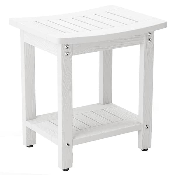 HDPS Shower Bench Seat 12.6 in W Non-Slip Waterproof Weather Resistant Spa Foot Stool with Storage Shelf White