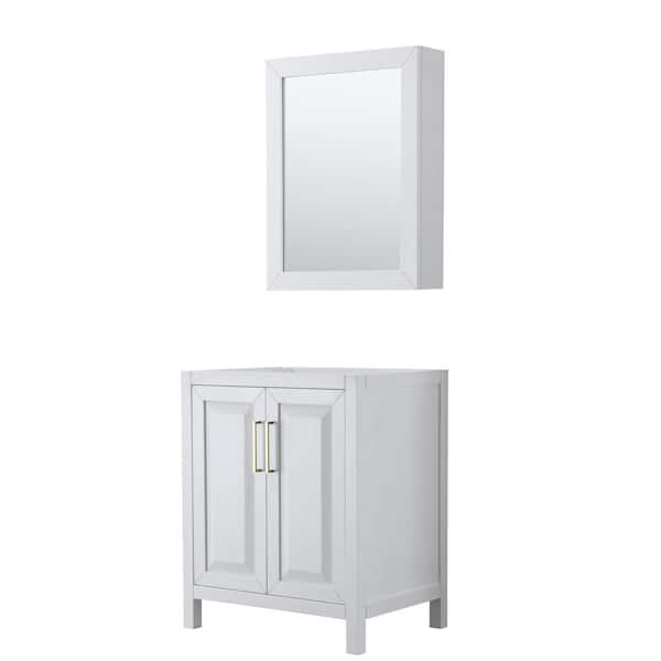 Wyndham Collection Daria 29 in. W x 21.5 in. D x 35 in. H Bath Vanity Cabinet without Top in White with Gold Trim and Med Cab Mirror