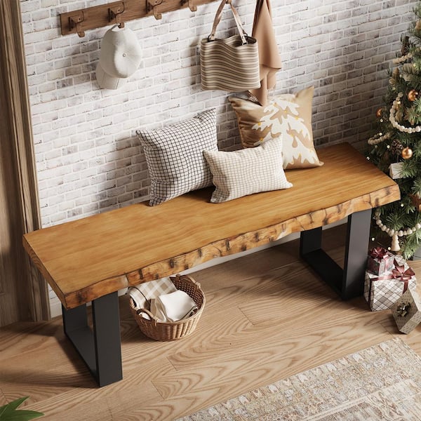 47 in. Brown Solid Wood Entryway Bench Bedroom Bench Window Bench with Metal Base for Living Room, Entry Way Hallway