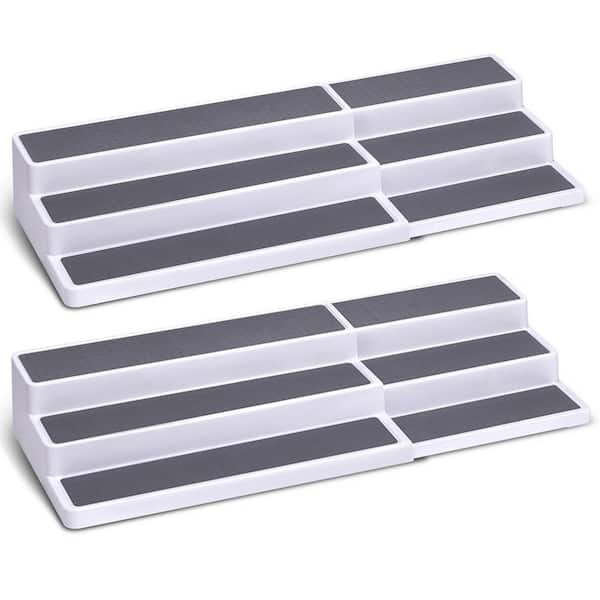 3 Tier White/Grey Plastic Expandable Spice Rack Adjustable Length 14.6 in. 25.8 in. Non-Skid Shelf Organizer, 2-Pack