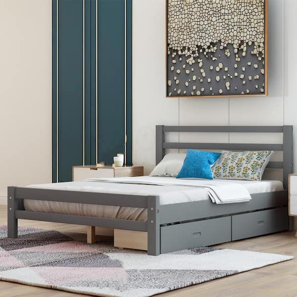Magic Home Gray Full Size Wood Platform Bed with 2 Drawers