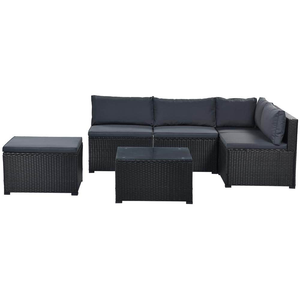 SERGA 6-Piece PE Rattan Wicker Outdoor Patio Conversation Set With Gray Cus
