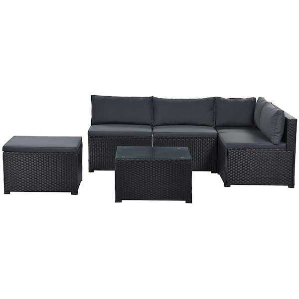 FORCLOVER 6-Piece Black Wicker Patio Conversation Seating Set with Grey Cushions with Coffee Table and Ottoman