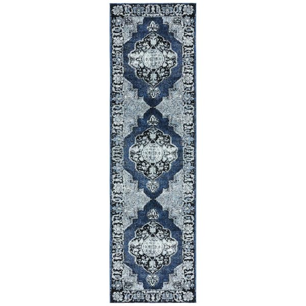Vintage Hamadan Blue/Gray 2 ft. x 12 ft. Border Medallion Runner Rug