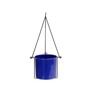 22.5 in. H Black Wrought Iron Indoor Outdoor Vera Hanging Planter w/Cylindrical French Blue Galvanized Steel Pot