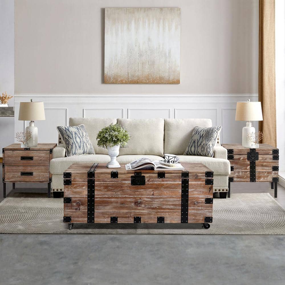 Magic Home 3 Piece Antique Reclaimed Wood Living Room Trunk Table Set with Large Storage Coffee Table and Dress Up Side Tables