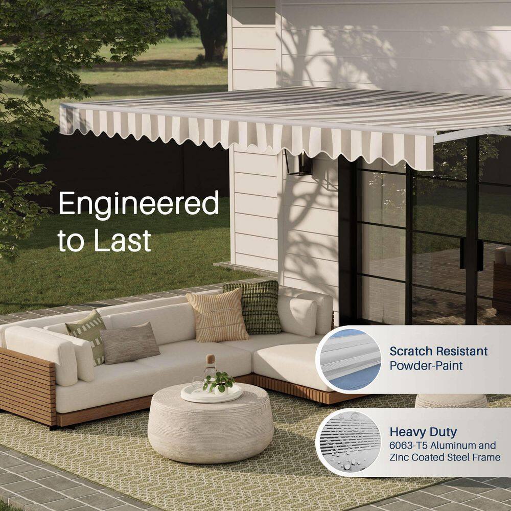 Gray and White Striped Motorized Retractable Patio Awning, 10' x 8'