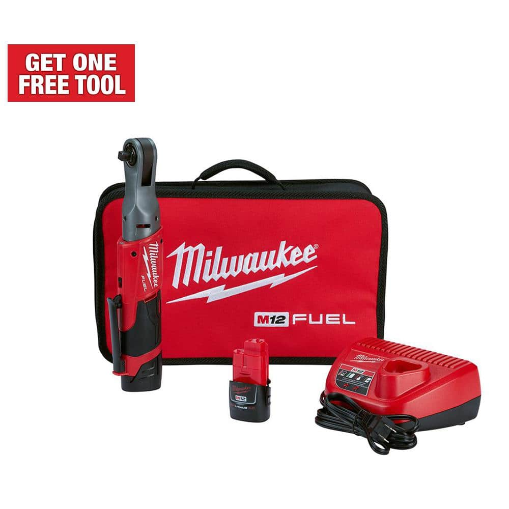 Milwaukee M12 FUEL 12V Lithium-Ion Brushless Cordless 3/8 in. Ratchet Kit  with (2) 2.0Ah Batteries, Charger & Tool Bag 2557-22 - The Home Depot