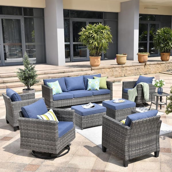 XIZZI Neptune Gray 8-Piece Wicker Patio Conversation Seating Sofa Set with Denim Blue Cushions and Swivel Rocking Chairs