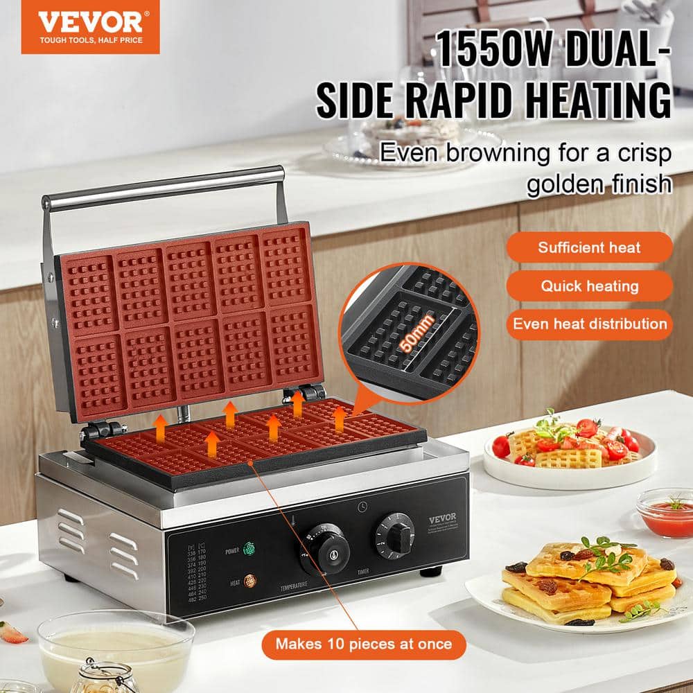Stainless Steel Belgian 10-Waffle Non-Stick Commercial Waffle Maker