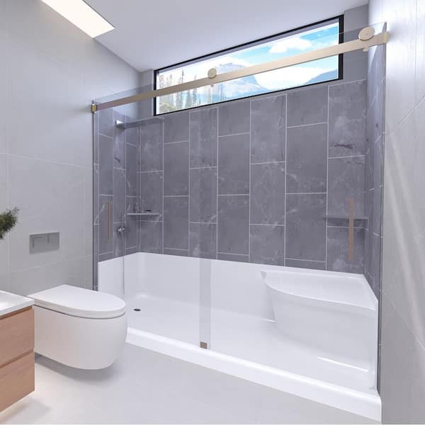 Platinum Grey-Tetherow 60 in. x 32 in. x 83 in. Base/Wall/Door Seated Base Alcove Shower Stall/Kit Brushed Nickel Left