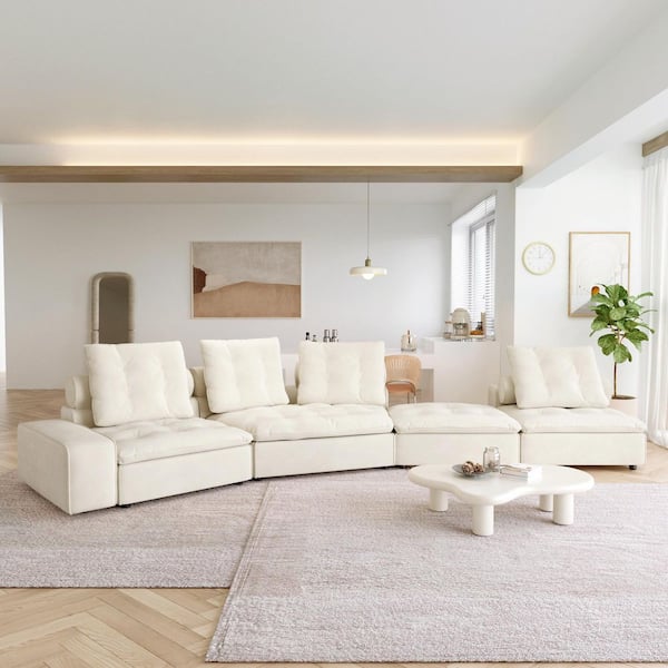 Down Filled Convertible Sofa, Miami 162 in. Square Arm Velvet L-Shaped Modular Sectional Couch with Ottoman in Beige