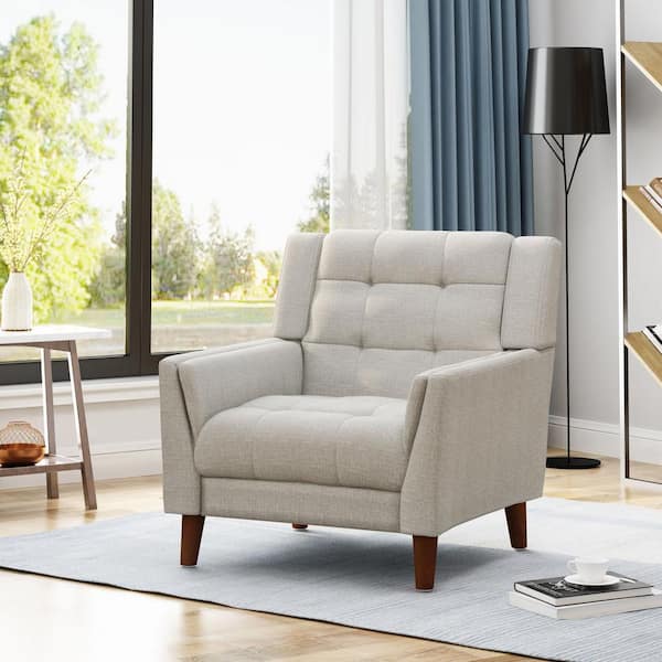 CHRISTOPHER KNIGHT HOME Beige Mid-Century Modern Style Tufted Arm Chair with Flared Arms, Tapered Rubberwood Legs