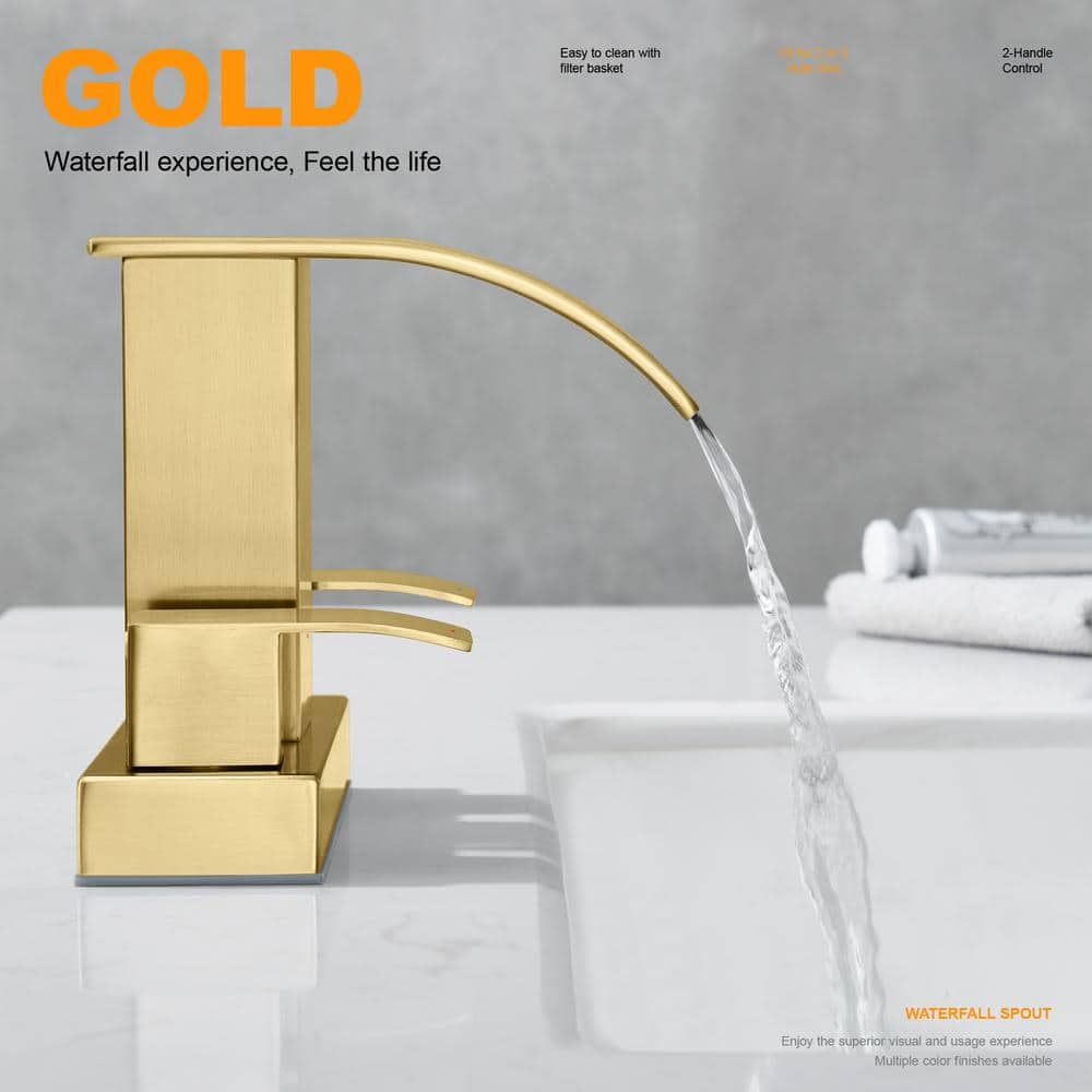 Brushed Gold 4-Inch Centerset Waterfall Bathroom Faucet with Drain Kit