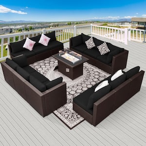 Luxury 13-Piece Patio Brown Rattan Outdoor Sofa Set with Black Cushions and 55,000 BTU Fire Pit Table