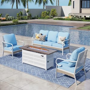 White 4-Piece Metal Outdoor Patio Conversation Seating Set with 50000 BTU Propane Fire Pit Table and Blue Cushions