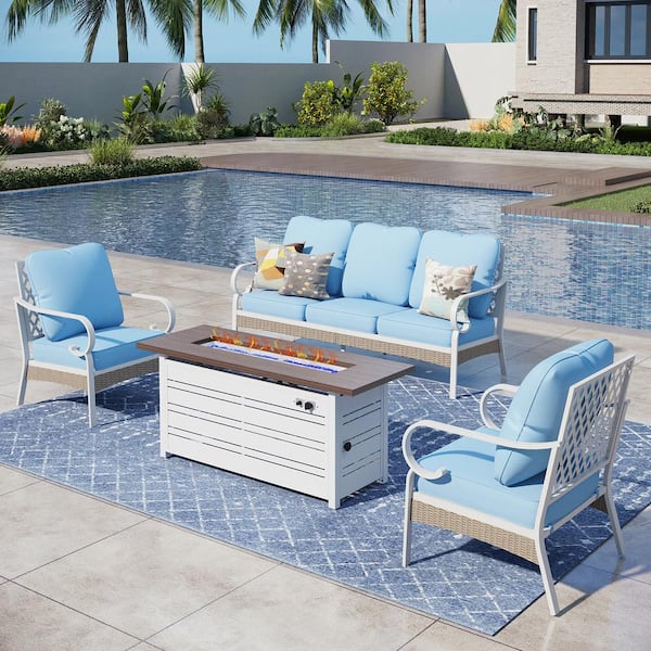PHI VILLA White 4-Piece Metal Outdoor Patio Conversation Seating Set with 50000 BTU Propane Fire Pit Table and Blue Cushions