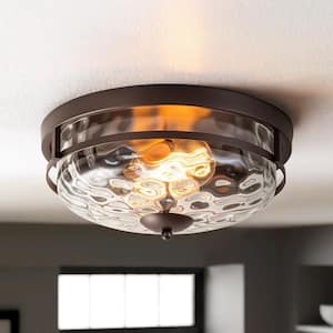 Huson 12.9 in. 2-Light Oil Rubbed Bronze Industrial Farmhouse Flush Mount with Clear Bubble Water Rippled Glass Shade