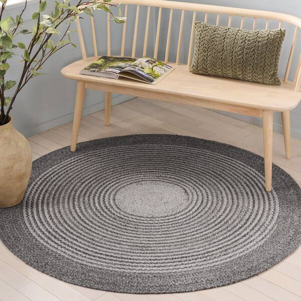 Braided 4 ft. x 4 ft. Charcoal/Gray Border Striped Gradient Round Area Rug