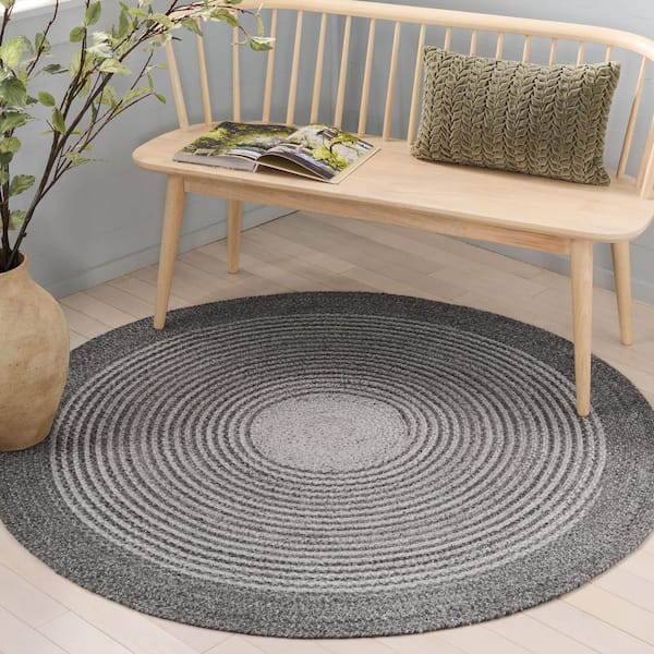 Braided 5 ft. x 5 ft. Charcoal/Gray Border Striped Gradient Round Area Rug