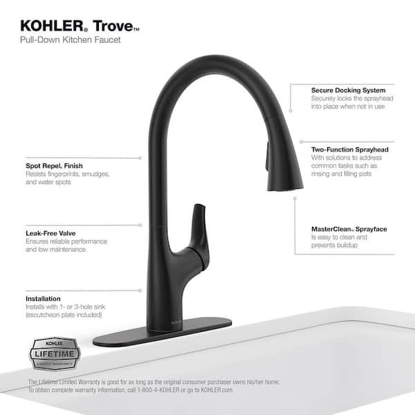 KOHLER Trove Single Handle Pull Down Sprayer Kitchen Faucet in Matte Black