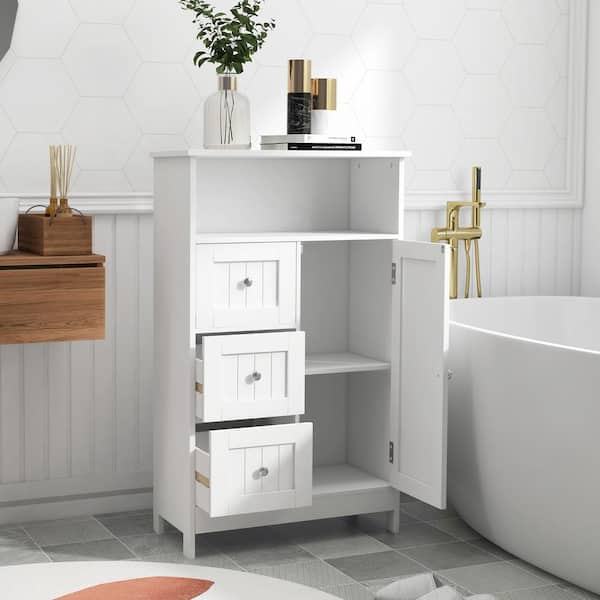 Nestfair 23 62 In W X 11 8 D 39 57 H White Bathroom Standing Storage Linen Cabinet With 3 Drawers And 1 Door L35523w282 The