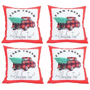 Decorative Christmas Truck Throw Pillow Cover Square 18 in. x 18 in. Red and White and Green for Couch, Bedding Set of 4