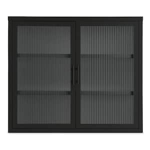 27.6 in. W. x 9.1 in. D x 23.6 in. H Black Double Glass Door Wall Cabinet with Detachable Shelves for Bathroom, Kitchen