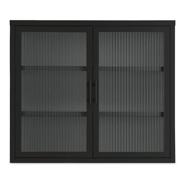 cadeninc 27.6 in. W. x 9.1 in. D x 23.6 in. H Black Double Glass Door Wall Cabinet with Detachable Shelves for Bathroom, Kitchen